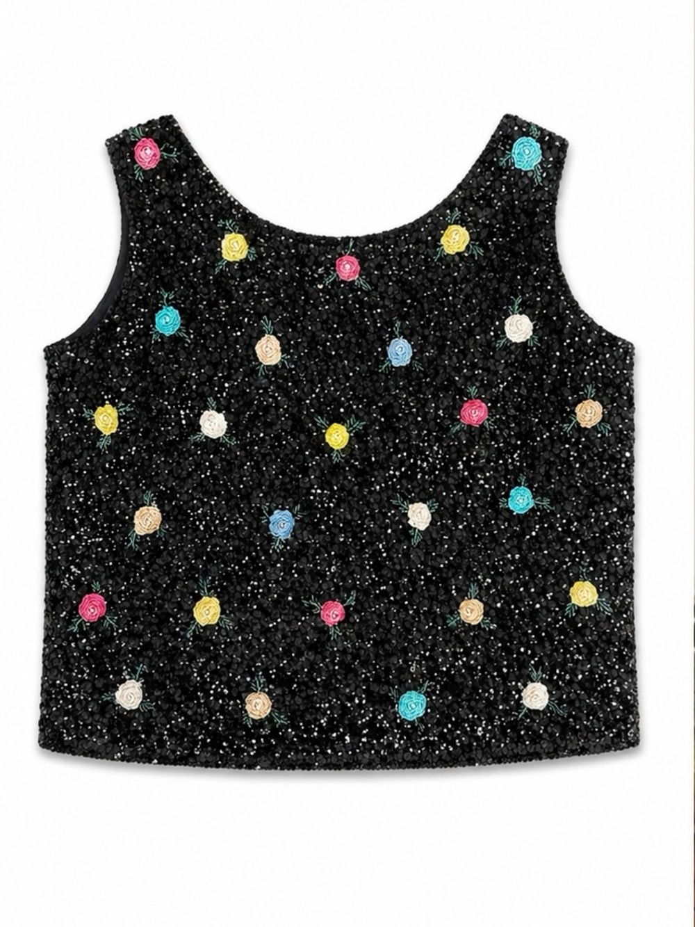 Vintage British Crown Colony of Hong Kong Black Sequin Floral Top 100% Wool